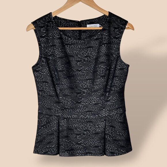 Calvin‎ Klein Sleeveless Peplum Top Black Lace Illusion Zip Back Women's Small - Picture 1 of 8